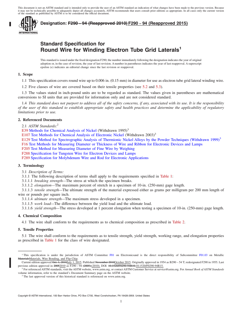 REDLINE ASTM F290-94(2015) - Standard Specification for  Round Wire for Winding Electron Tube Grid Laterals