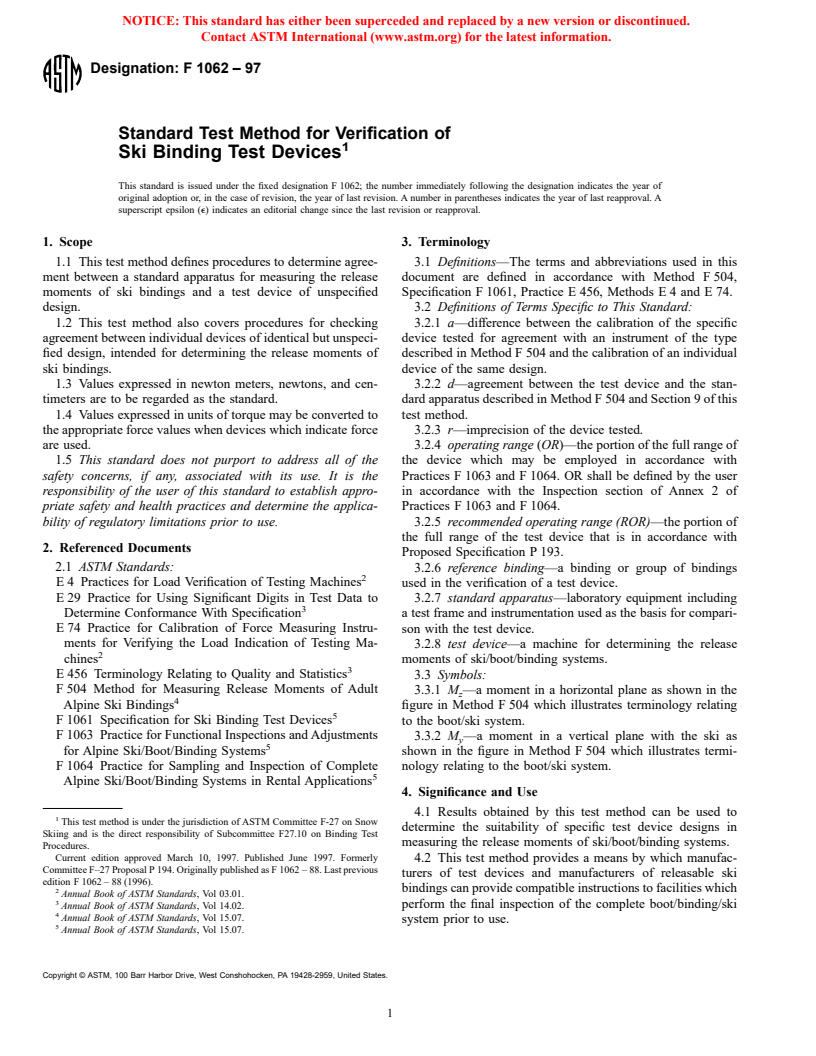 ASTM F1062-97 - Standard Test Method for Verification of Ski Binding Test Devices