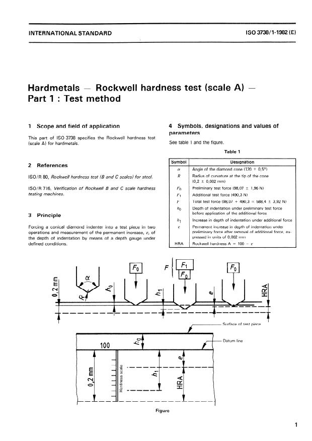 ISO 3738-1:1982 - Hardmetals -- Rockwell hardness test (scale A)