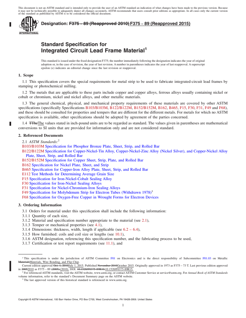 REDLINE ASTM F375-89(2015) - Standard Specification for  Integrated Circuit Lead Frame Material