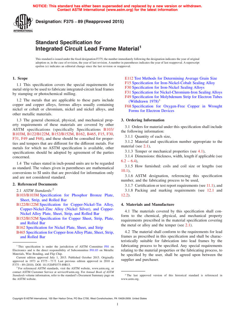 ASTM F375-89(2015) - Standard Specification for  Integrated Circuit Lead Frame Material