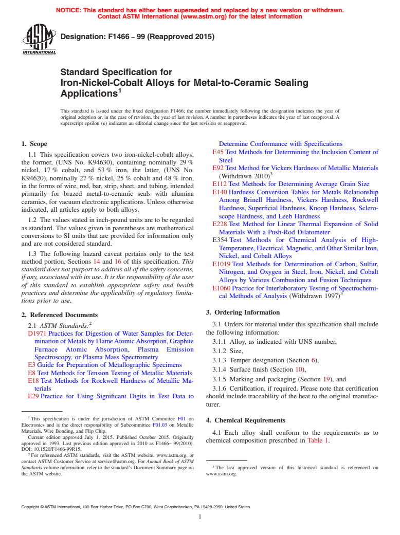 ASTM F1466-99(2015) - Standard Specification for  Iron-Nickel-Cobalt Alloys for Metal-to-Ceramic Sealing Applications