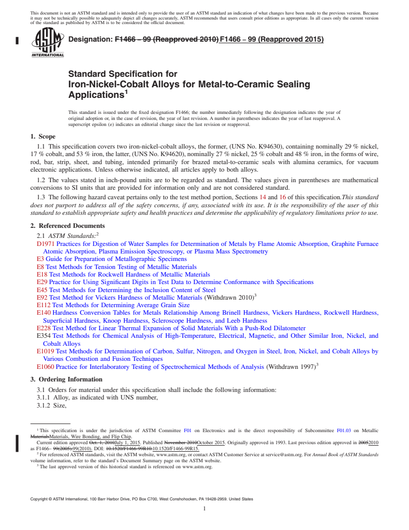 REDLINE ASTM F1466-99(2015) - Standard Specification for  Iron-Nickel-Cobalt Alloys for Metal-to-Ceramic Sealing Applications