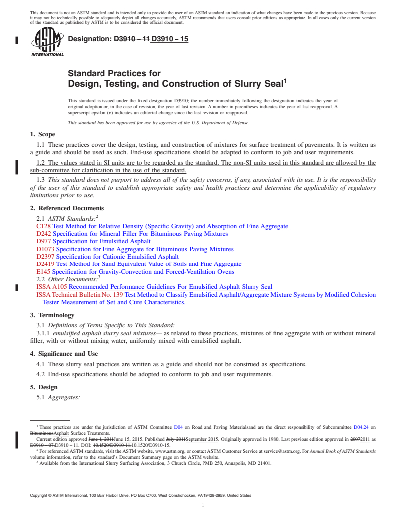 REDLINE ASTM D3910-15 - Standard Practices for  Design, Testing, and Construction of Slurry Seal