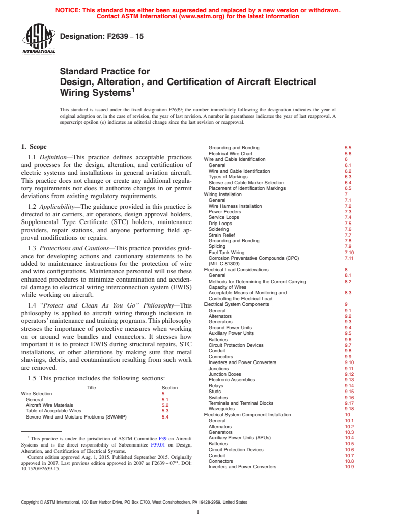 ASTM F2639-15 - Standard Practice for Design, Alteration, and Certification of Aircraft Electrical  Wiring Systems