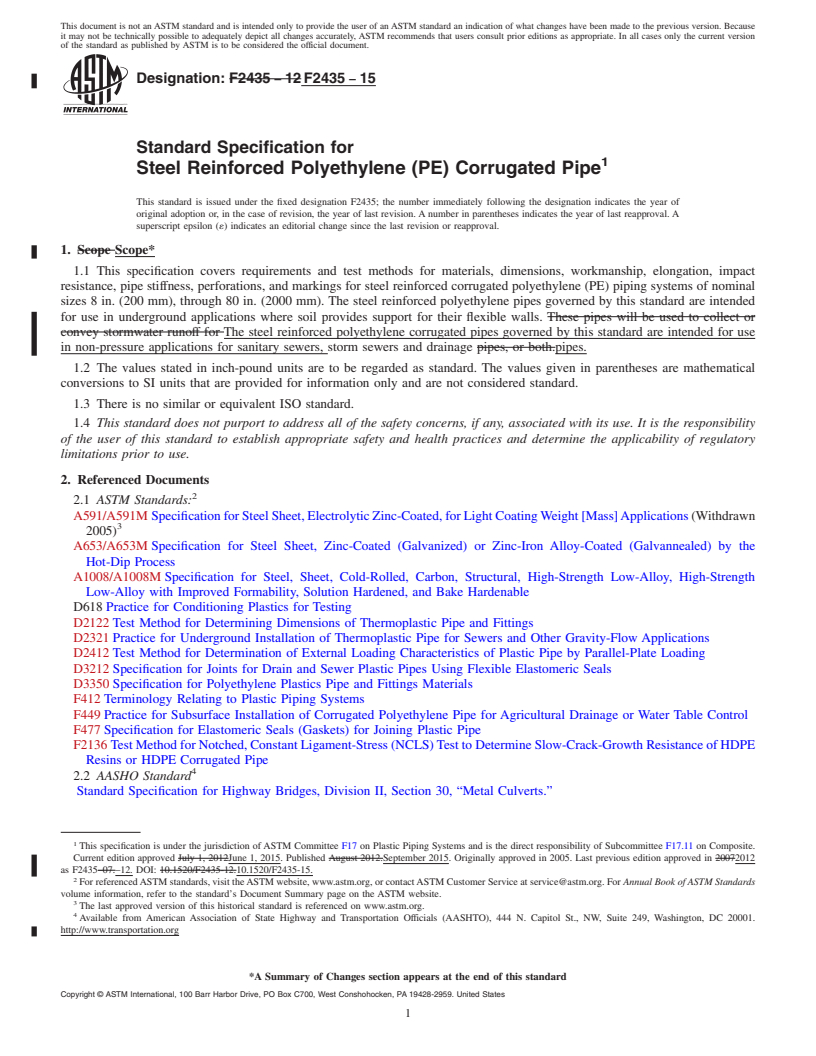 REDLINE ASTM F2435-15 - Standard Specification for Steel Reinforced Polyethylene (PE) Corrugated Pipe