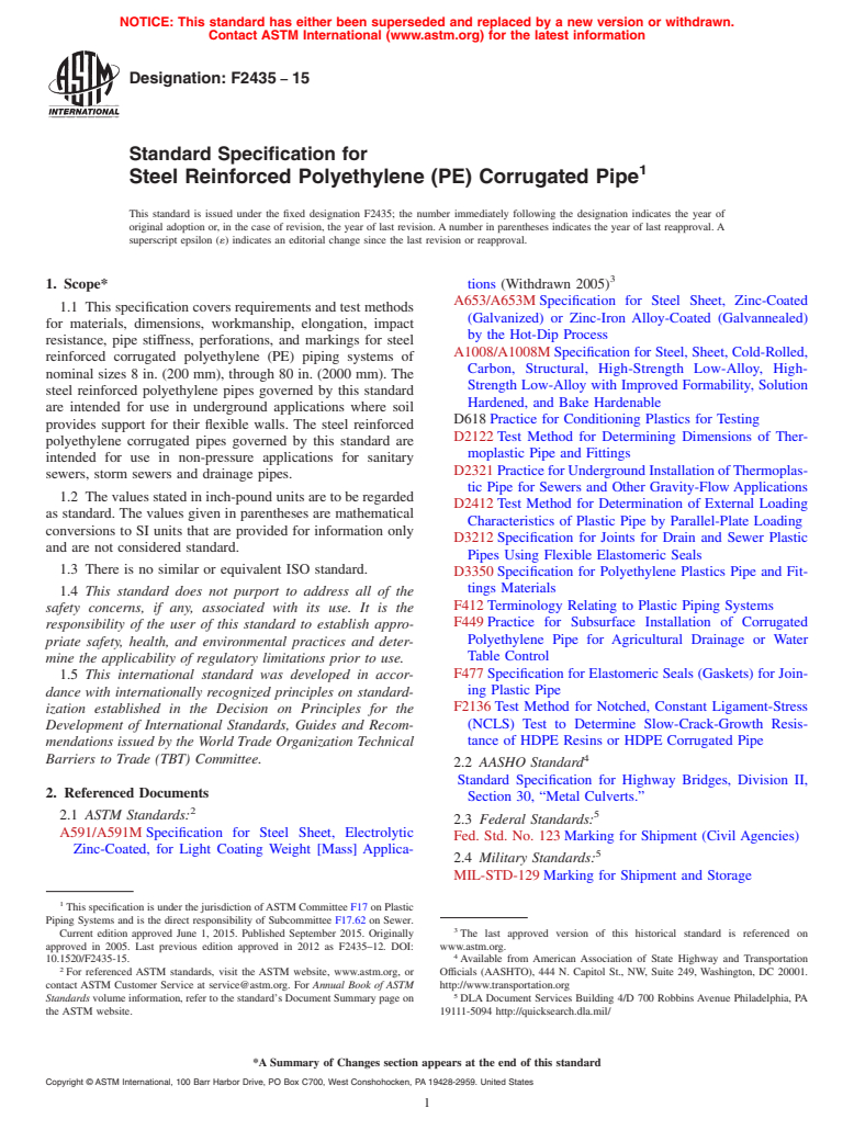 ASTM F2435-15 - Standard Specification for Steel Reinforced Polyethylene (PE) Corrugated Pipe