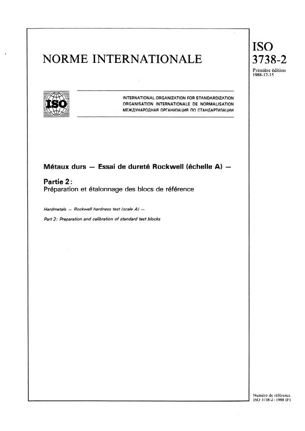 ISO 3738-2:1988 - Métaux durs -- Essai de dureté Rockwell (échelle A)