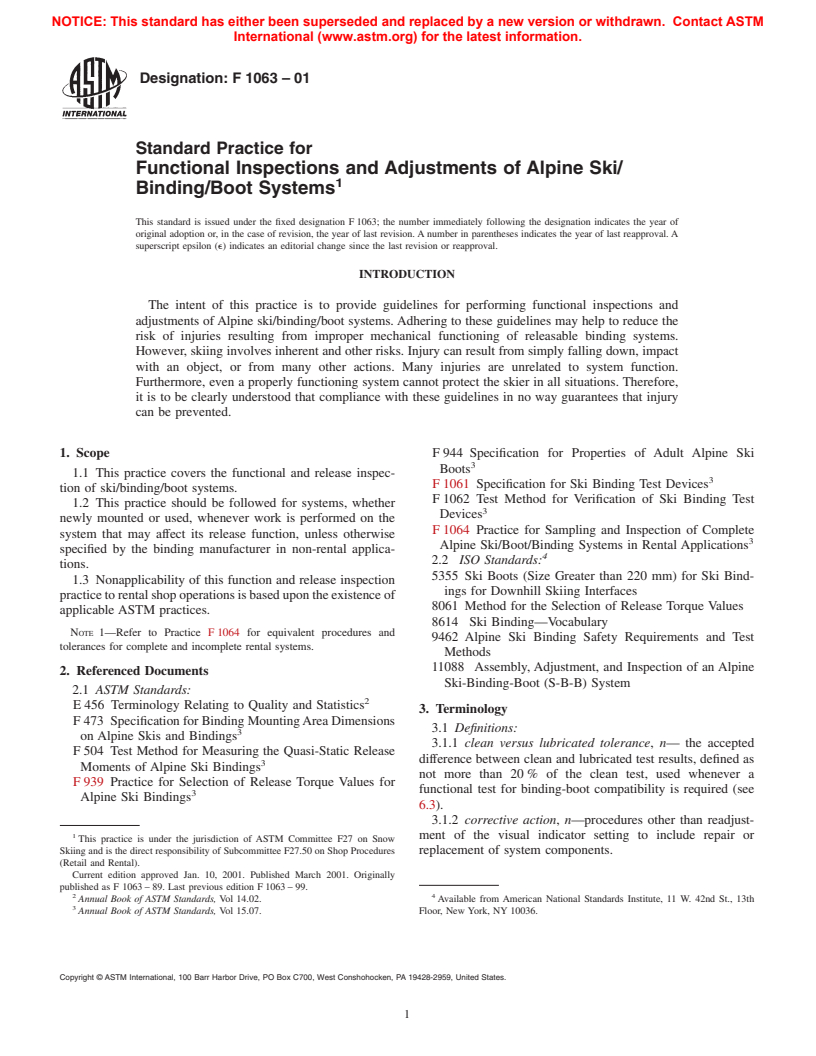 ASTM F1063-01 - Standard Practice for Functional Inspections and Adjustments of Alpine Ski/Binding/Boot Systems