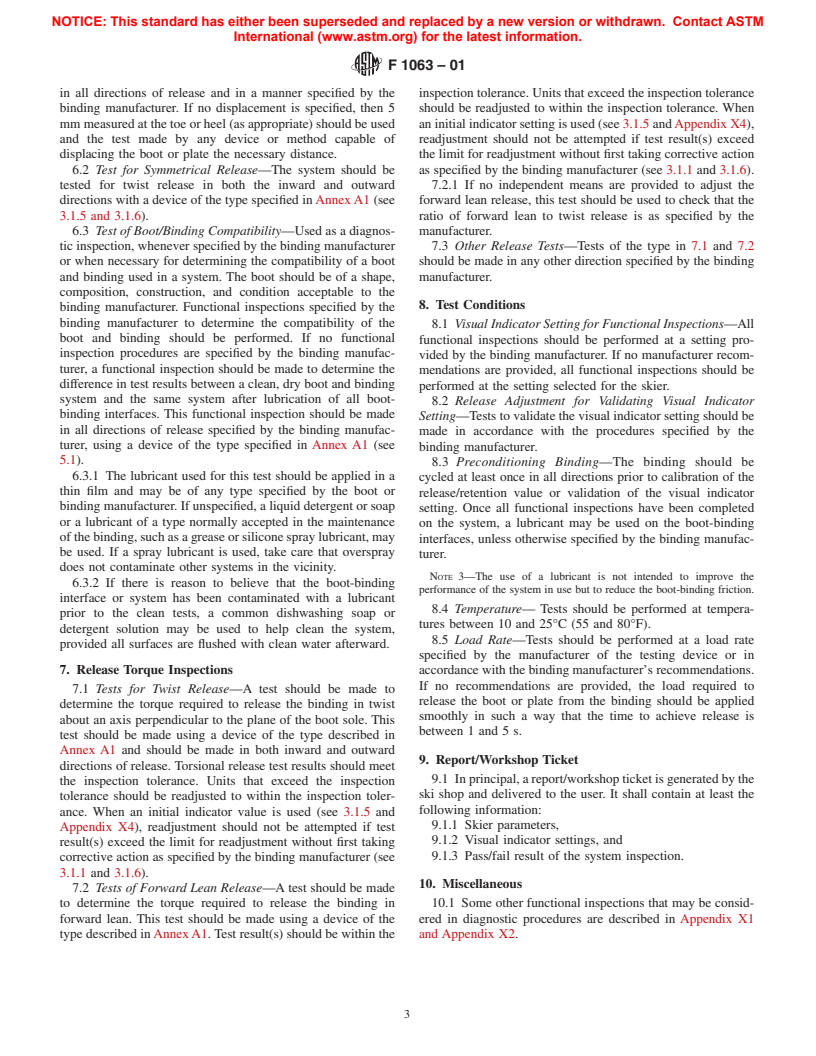 ASTM F1063-01 - Standard Practice for Functional Inspections and Adjustments of Alpine Ski/Binding/Boot Systems