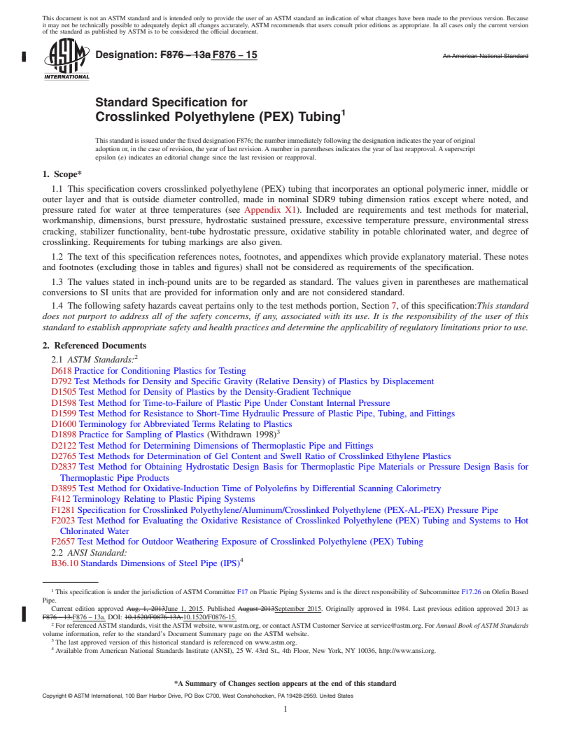 REDLINE ASTM F876-15 - Standard Specification for  Crosslinked Polyethylene (PEX) Tubing