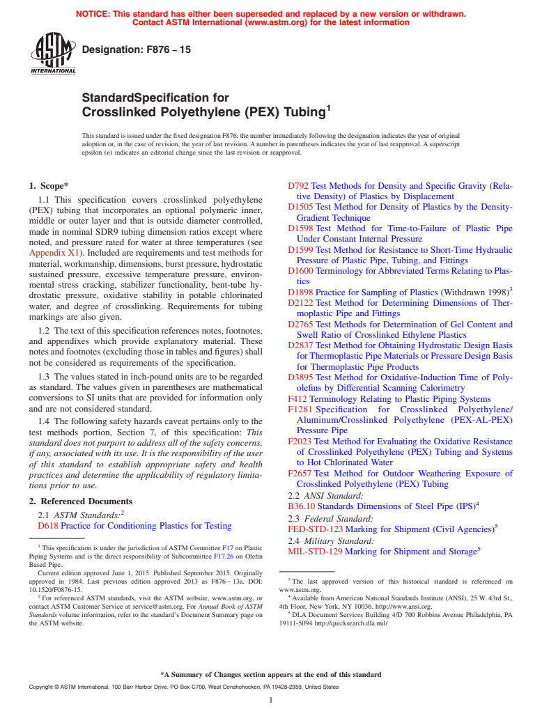 ASTM F876-15 - Standard Specification for  Crosslinked Polyethylene (PEX) Tubing