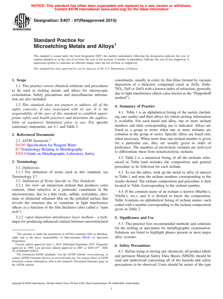 ASTM E407-07(2015) - Standard Practice for  Microetching Metals and Alloys