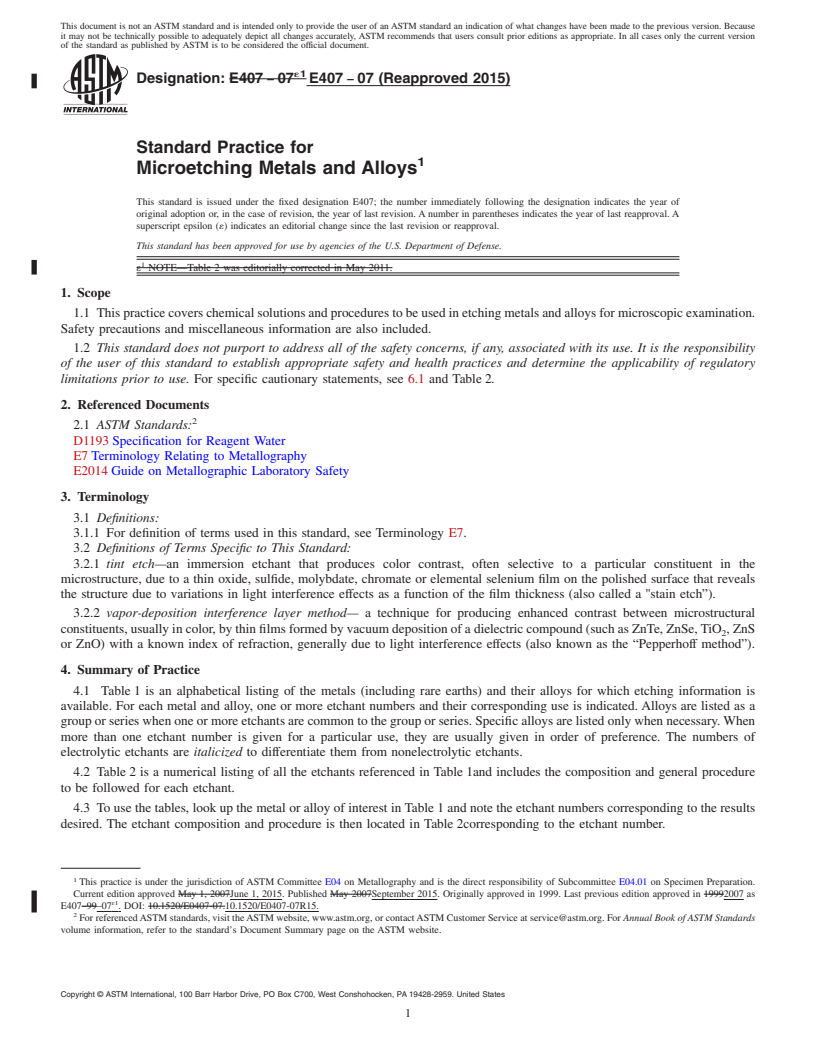 REDLINE ASTM E407-07(2015) - Standard Practice for  Microetching Metals and Alloys