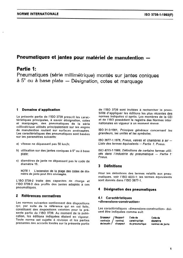 ISO 3739-1:1992 - Pneumatiques et jantes pour matériel de manutention
