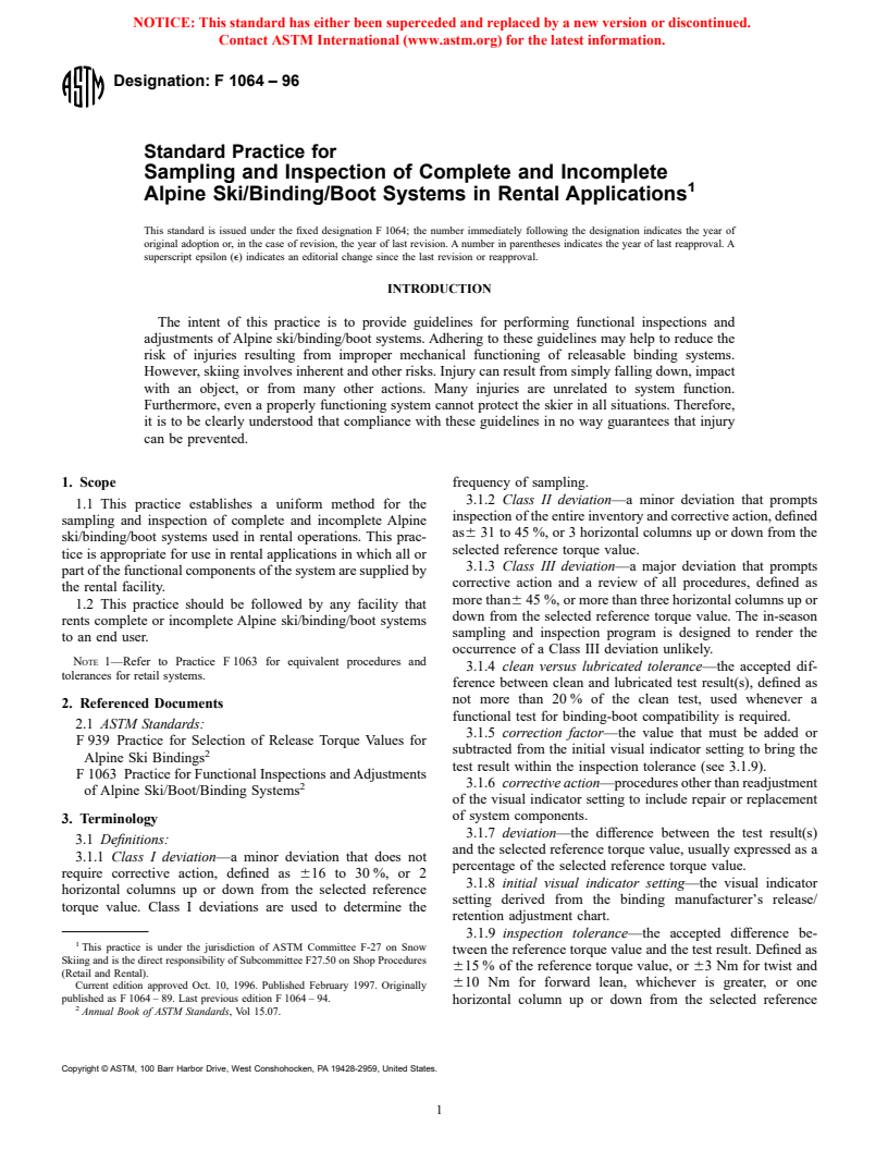 ASTM F1064-96 - Standard Practice for Sampling and Inspection of Complete and Incomplete Alpine Ski/Binding/Boot Systems in Rental Applications