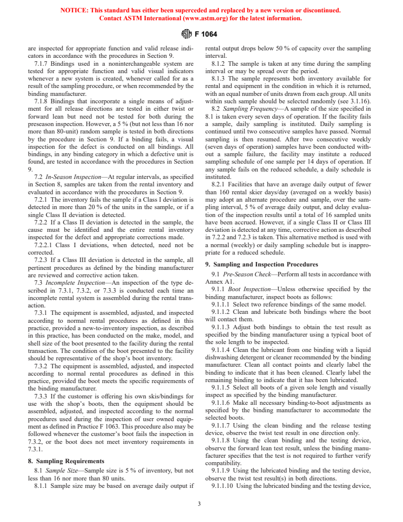 ASTM F1064-96 - Standard Practice for Sampling and Inspection of Complete and Incomplete Alpine Ski/Binding/Boot Systems in Rental Applications