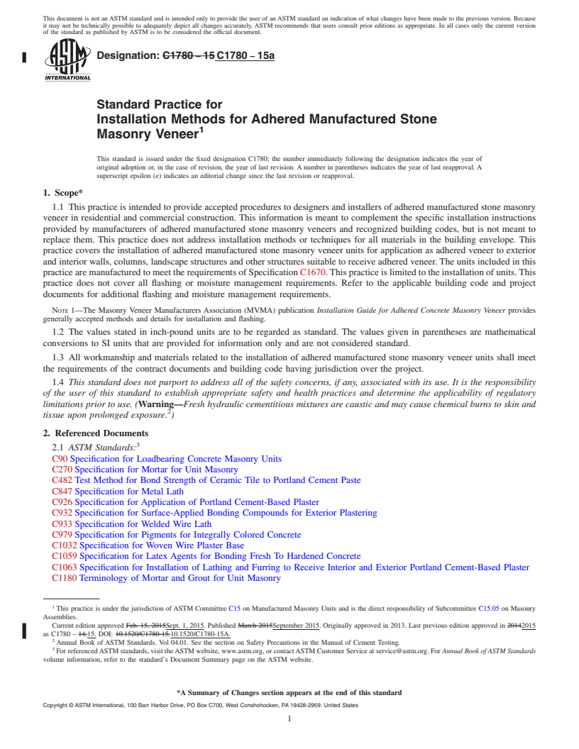 REDLINE ASTM C1780-15a - Standard Practice for Installation Methods for Adhered Manufactured Stone Masonry  Veneer