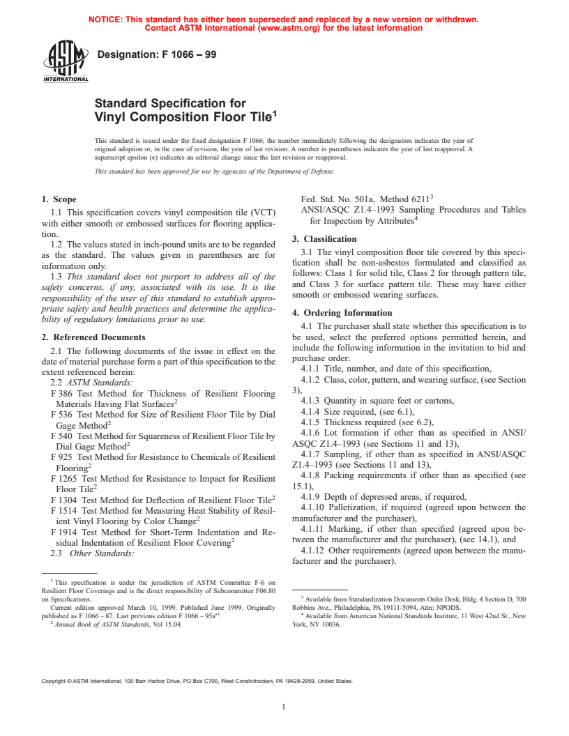 ASTM F1066-99 - Standard Specification for Vinyl Composition Floor Tile