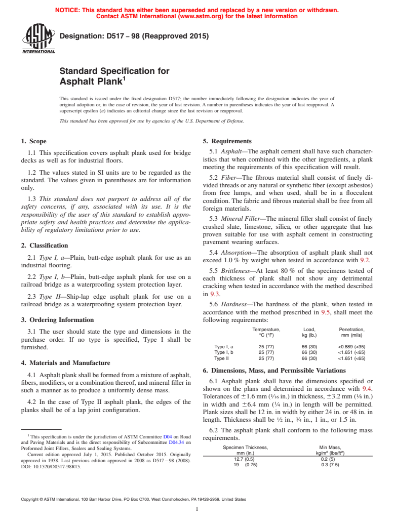 ASTM D517-98(2015) - Standard Specification for  Asphalt Plank
