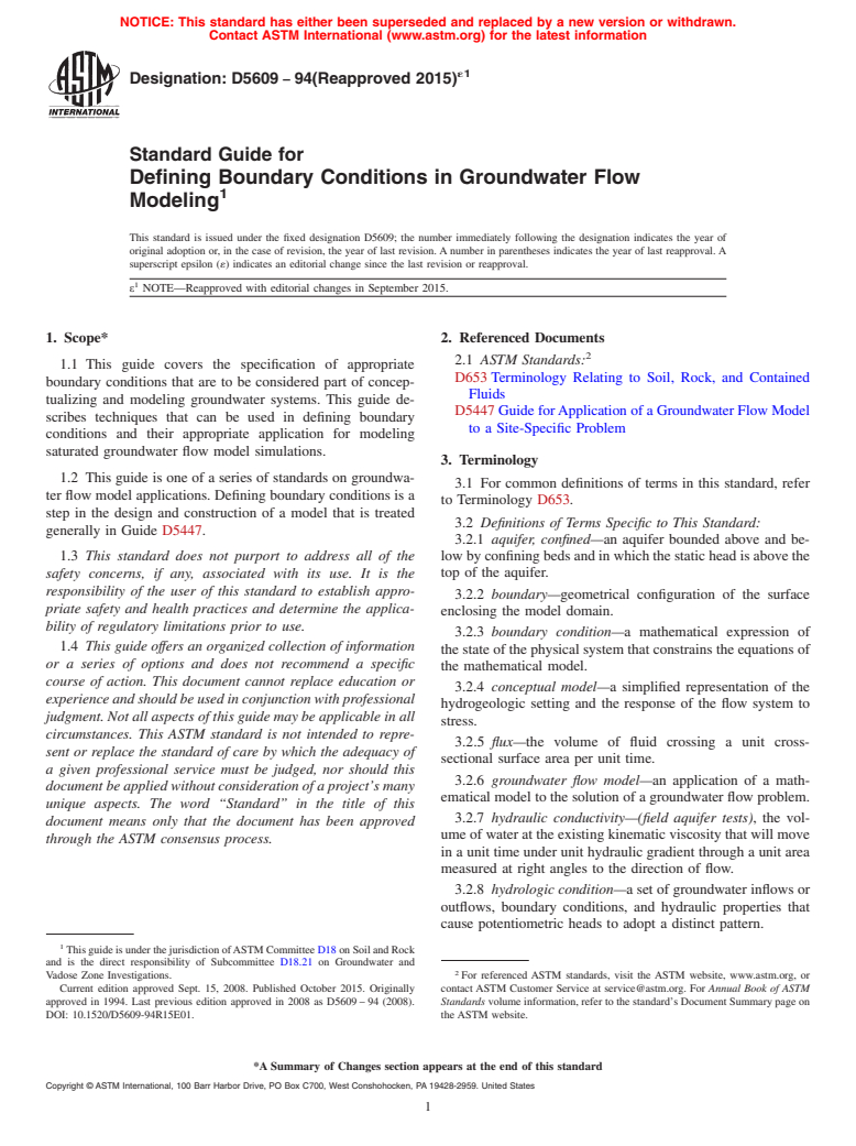 ASTM D5609-94(2015)e1 - Standard Guide for  Defining Boundary Conditions in Groundwater Flow Modeling