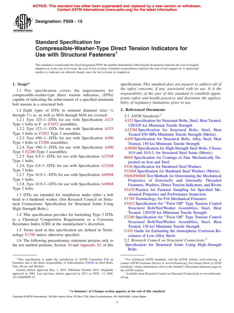 ASTM F959-15 - Standard Specification for  Compressible-Washer-Type Direct Tension Indicators for Use   with Structural Fasteners