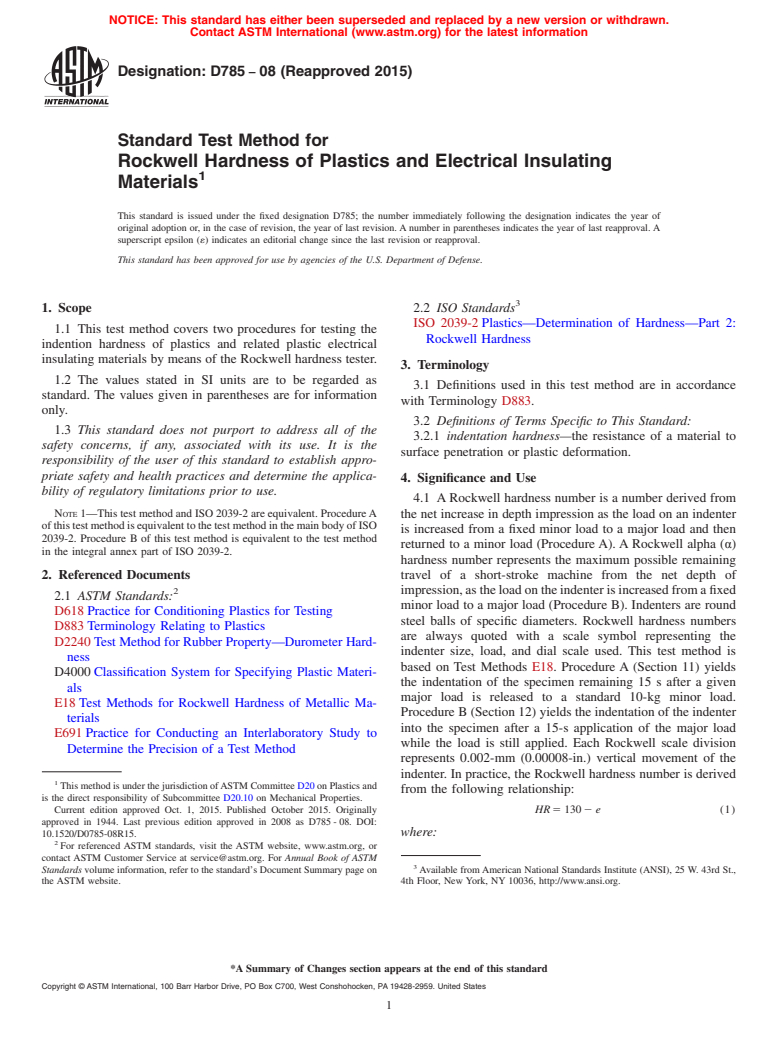 ASTM D785-08(2015) - Standard Test Method for  Rockwell Hardness of Plastics and Electrical Insulating Materials