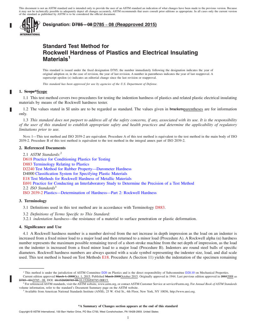 REDLINE ASTM D785-08(2015) - Standard Test Method for  Rockwell Hardness of Plastics and Electrical Insulating Materials