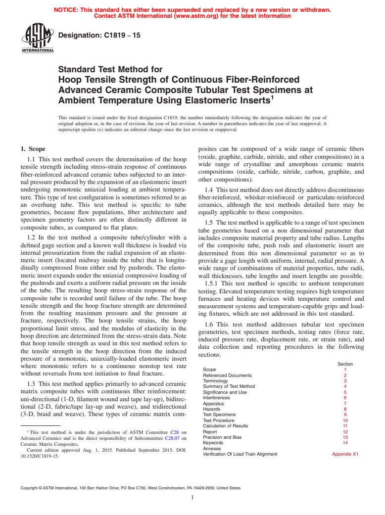 ASTM C1819-15 - Standard Test Method for Hoop Tensile Strength of Continuous Fiber-Reinforced Advanced  Ceramic Composite Tubular Test Specimens at Ambient Temperature Using  Elastomeric Inserts