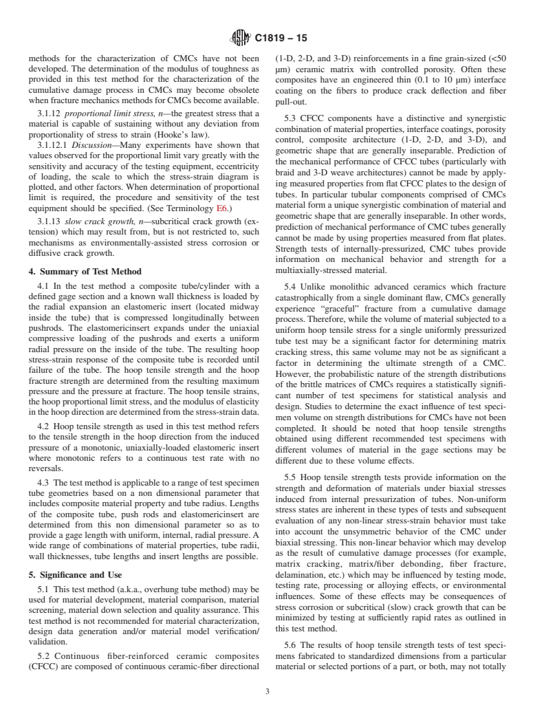 ASTM C1819-15 - Standard Test Method for Hoop Tensile Strength of Continuous Fiber-Reinforced Advanced  Ceramic Composite Tubular Test Specimens at Ambient Temperature Using  Elastomeric Inserts