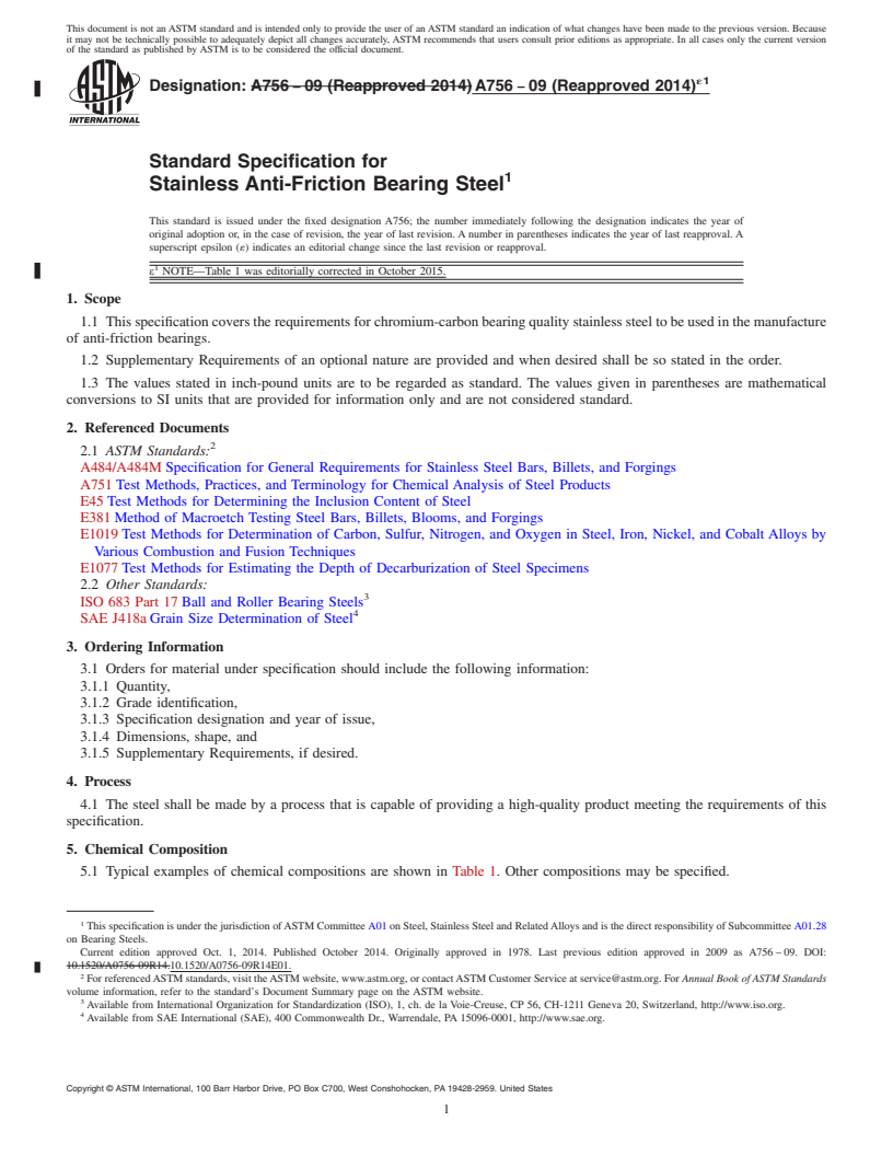 REDLINE ASTM A756-09(2014)e1 - Standard Specification for Stainless Anti-Friction Bearing Steel