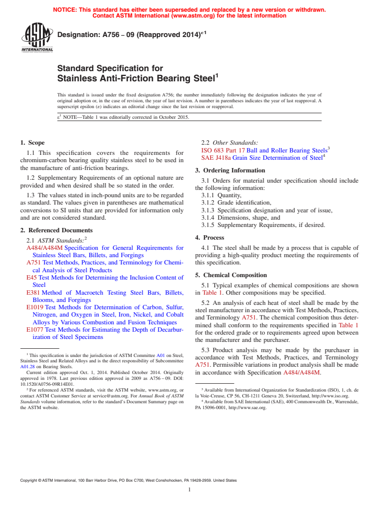 ASTM A756-09(2014)e1 - Standard Specification for Stainless Anti-Friction Bearing Steel