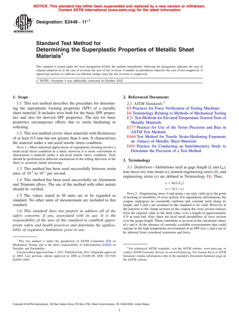 ASTM E2448-11e1 - Standard Test Method for  Determining the Superplastic Properties of Metallic Sheet Materials