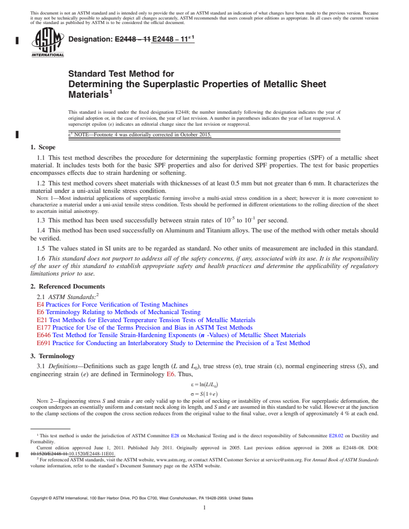 REDLINE ASTM E2448-11e1 - Standard Test Method for  Determining the Superplastic Properties of Metallic Sheet Materials