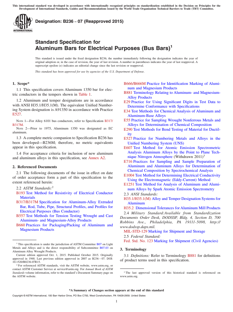 ASTM B236-07(2015) - Standard Specification for  Aluminum Bars for Electrical Purposes (Bus Bars)