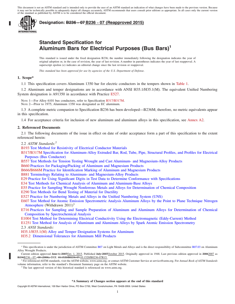 REDLINE ASTM B236-07(2015) - Standard Specification for  Aluminum Bars for Electrical Purposes (Bus Bars)