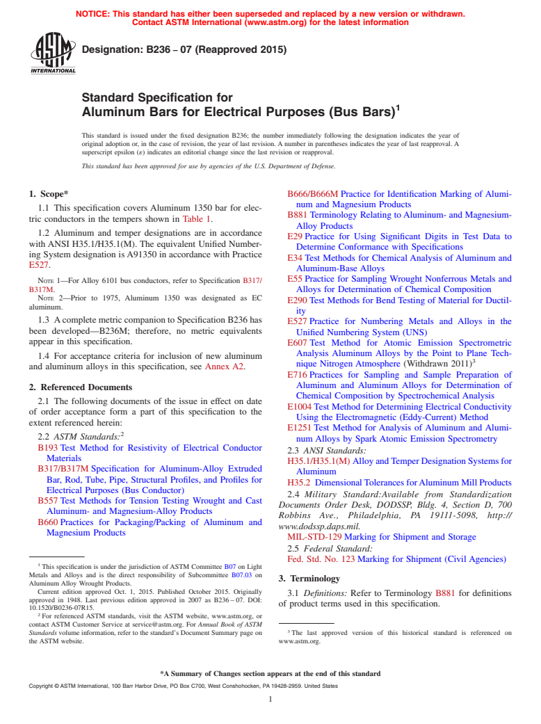 ASTM B236-07(2015) - Standard Specification for  Aluminum Bars for Electrical Purposes (Bus Bars)