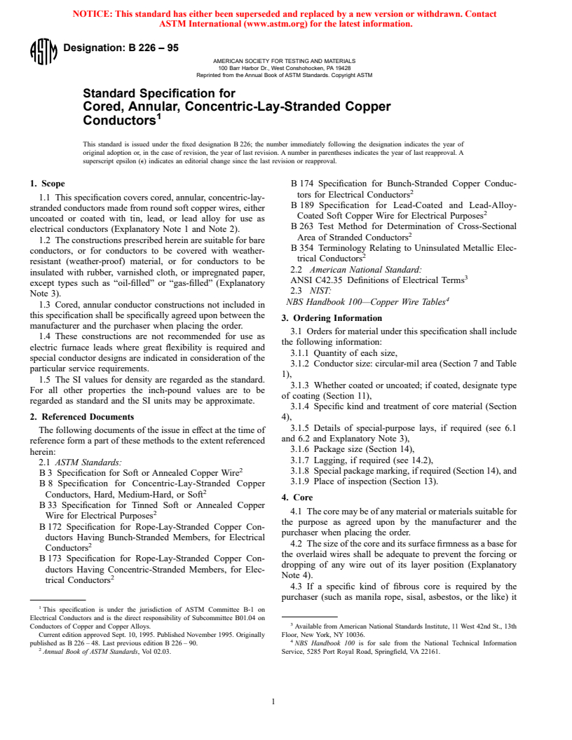 ASTM B226-95 - Standard Specification for Cored, Annular, Concentric-Lay-Stranded Copper Conductors