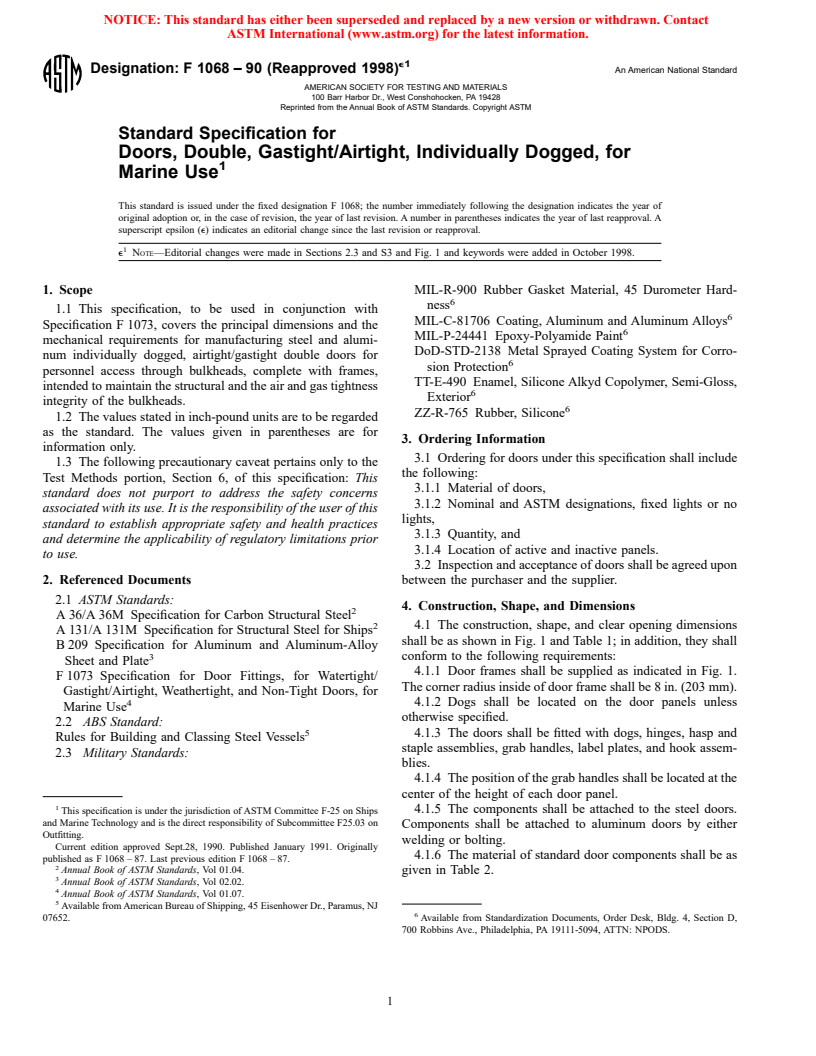 ASTM F1068-90(1998)e1 - Standard Specification for Doors, Double, Gastight/Airtight, Individually Dogged, for Marine Use