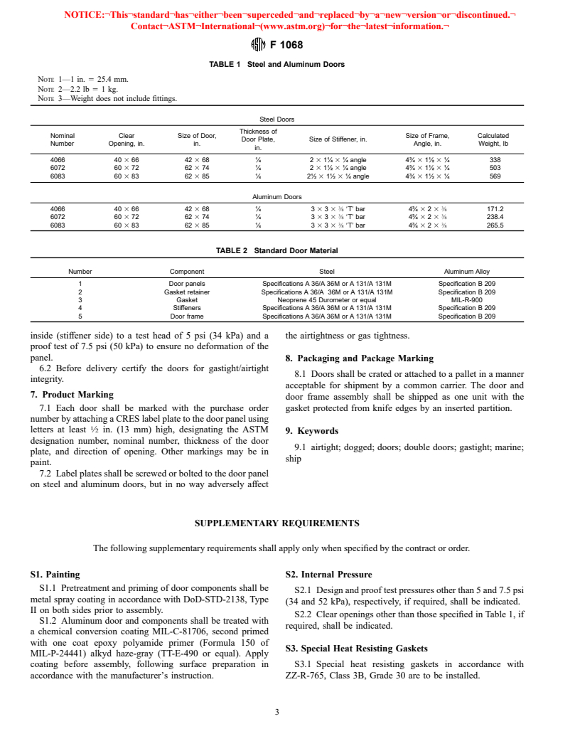 ASTM F1068-90(1998)e1 - Standard Specification for Doors, Double, Gastight/Airtight, Individually Dogged, for Marine Use