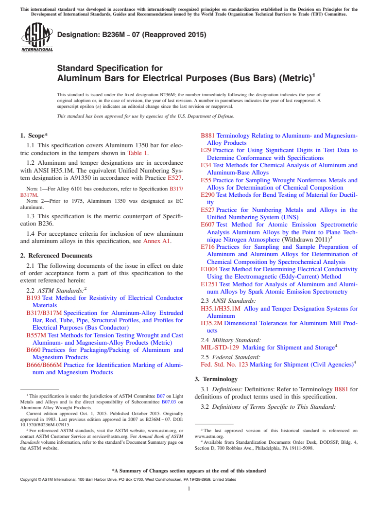 ASTM B236M-07(2015) - Standard Specification for  Aluminum Bars for Electrical Purposes (Bus Bars) (Metric)