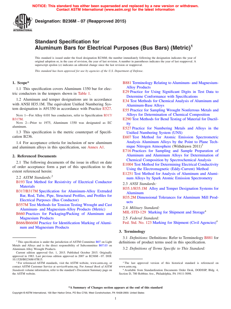 ASTM B236M-07(2015) - Standard Specification for  Aluminum Bars for Electrical Purposes (Bus Bars) (Metric) (Withdrawn 2024)