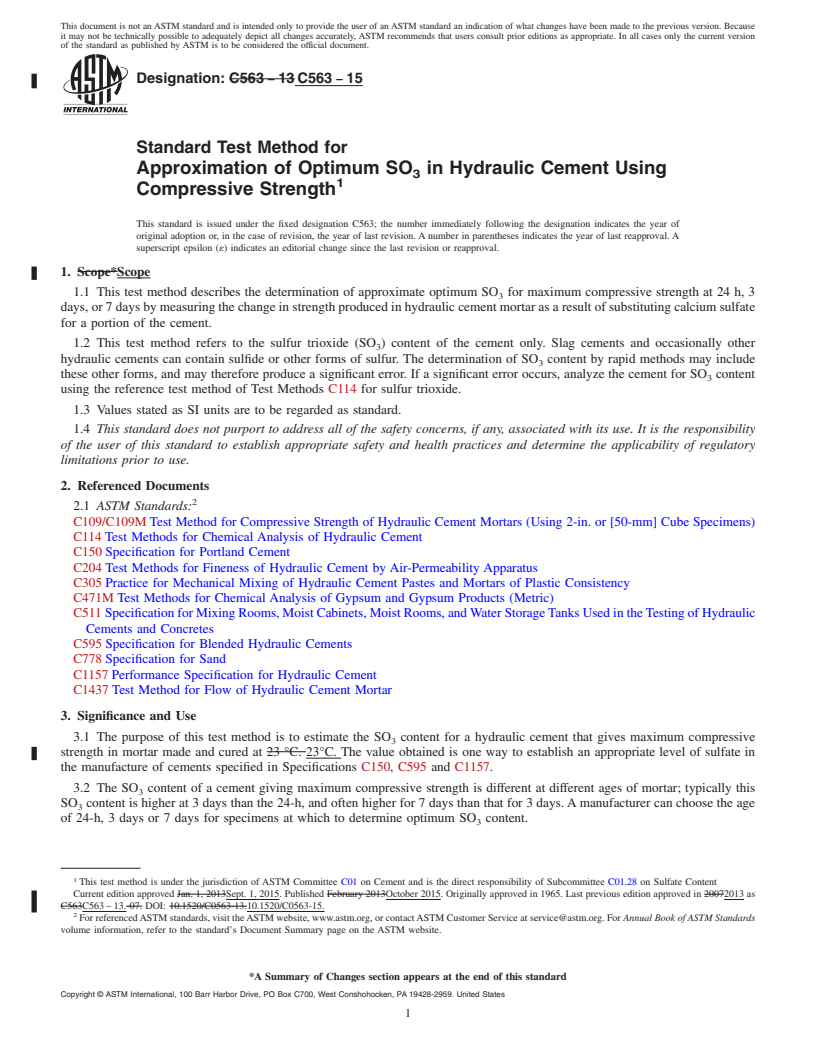 REDLINE ASTM C563-15 - Standard Test Method for  Approximation of Optimum SO<inf>3</inf> in Hydraulic Cement  Using Compressive Strength