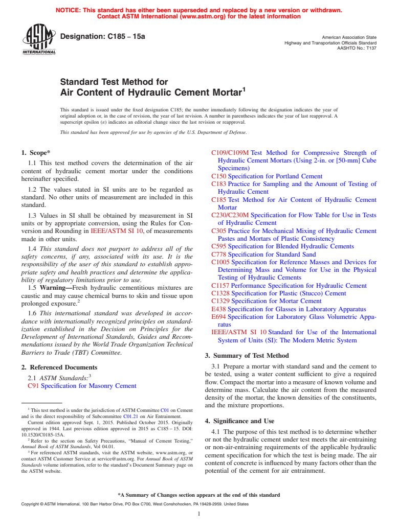 ASTM C185-15a - Standard Test Method for  Air Content of Hydraulic Cement Mortar