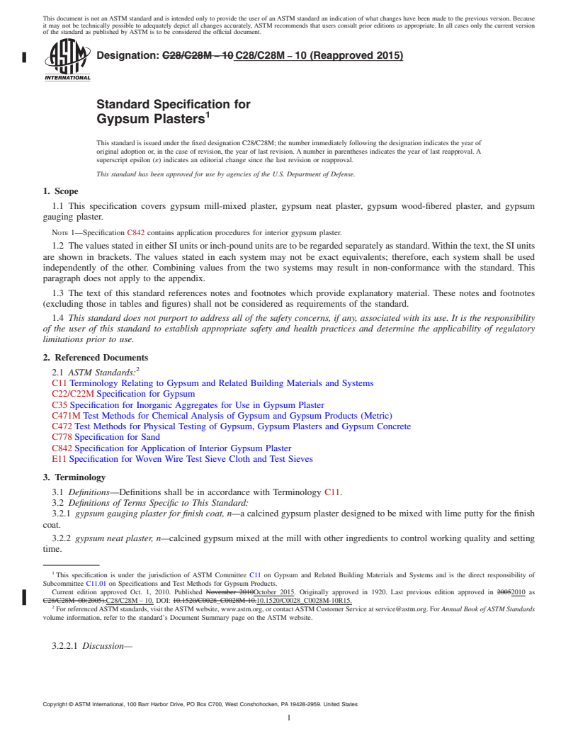 REDLINE ASTM C28/C28M-10(2015) - Standard Specification for  Gypsum Plasters