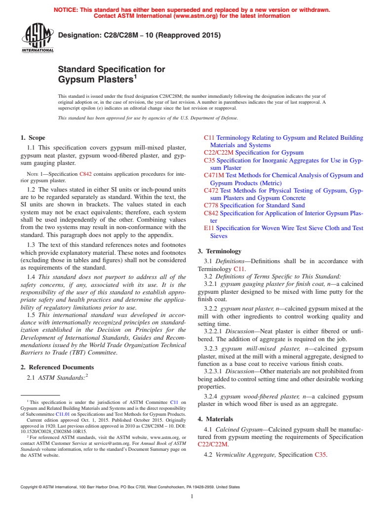 ASTM C28/C28M-10(2015) - Standard Specification for  Gypsum Plasters