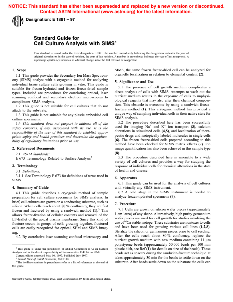 ASTM E1881-97 - Standard Guide for Cell Culture Analysis with SIMS