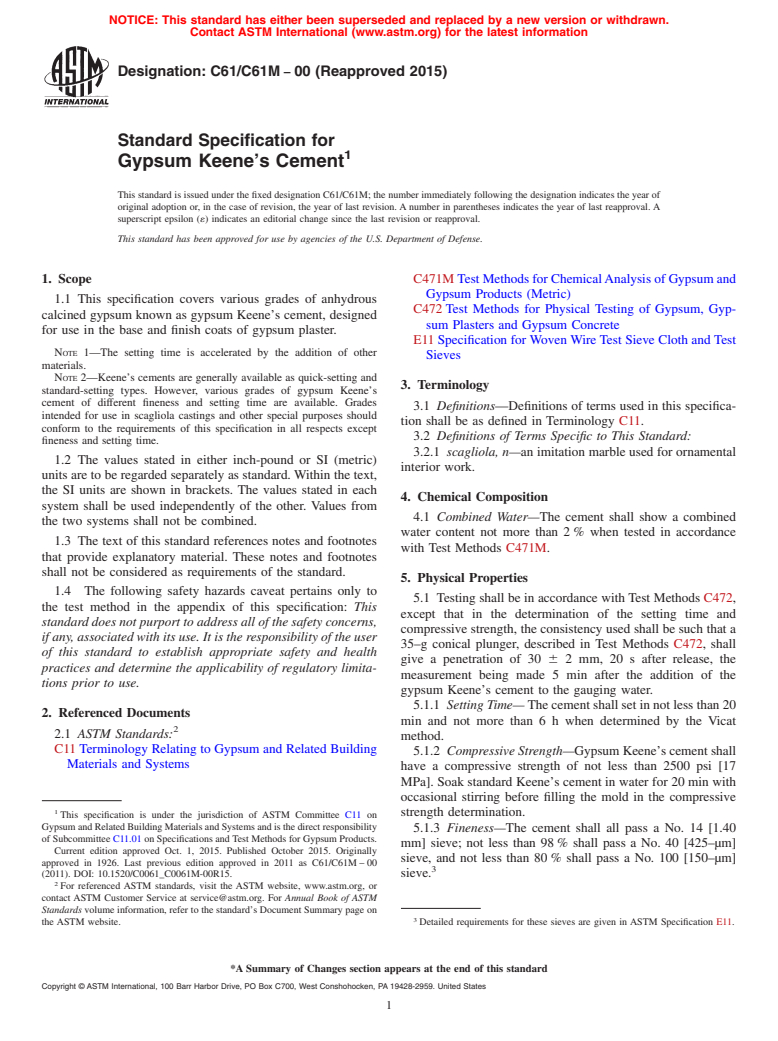 ASTM C61/C61M-00(2015) - Standard Specification for  Gypsum Keene's Cement