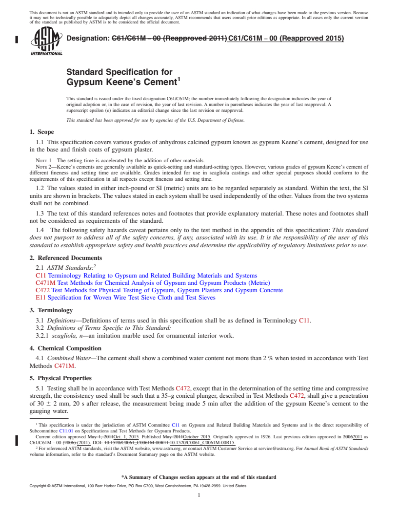 REDLINE ASTM C61/C61M-00(2015) - Standard Specification for  Gypsum Keene's Cement