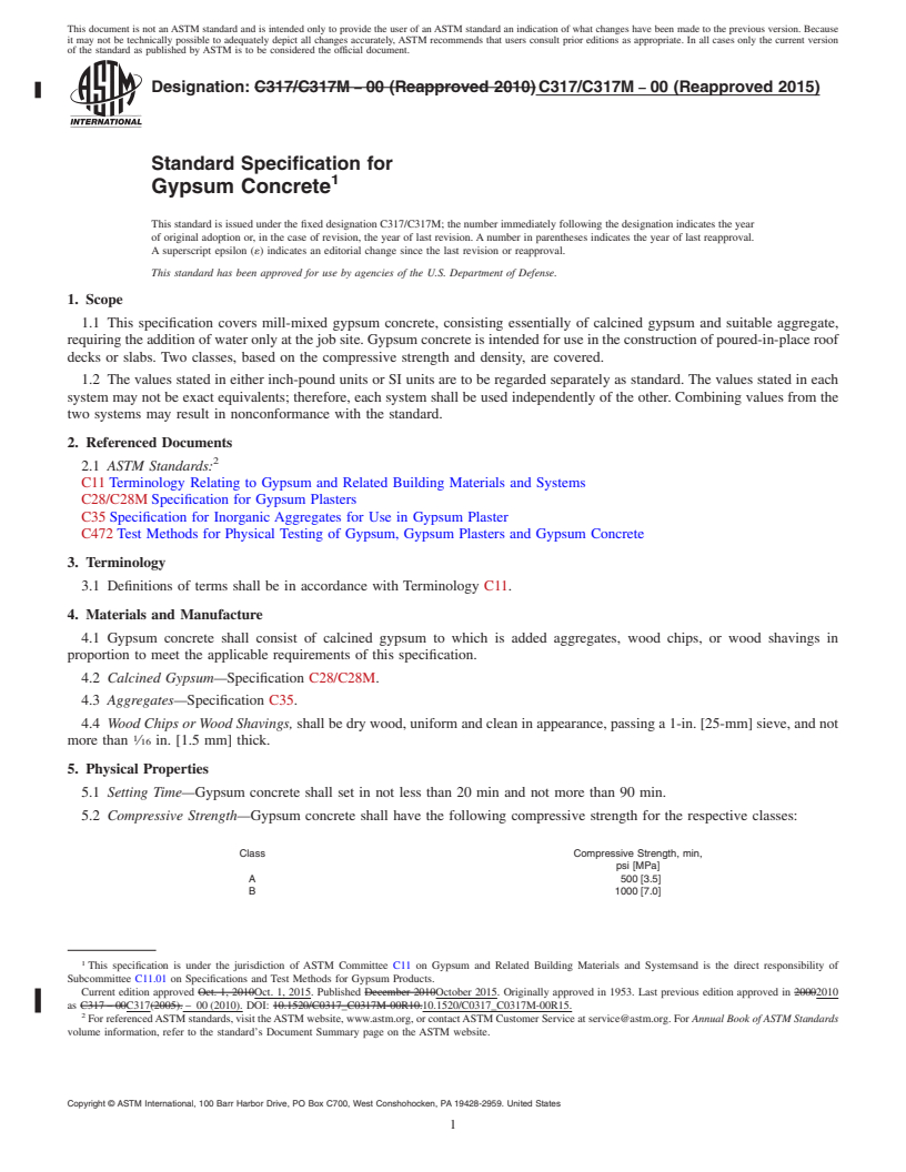 REDLINE ASTM C317/C317M-00(2015) - Standard Specification for  Gypsum Concrete